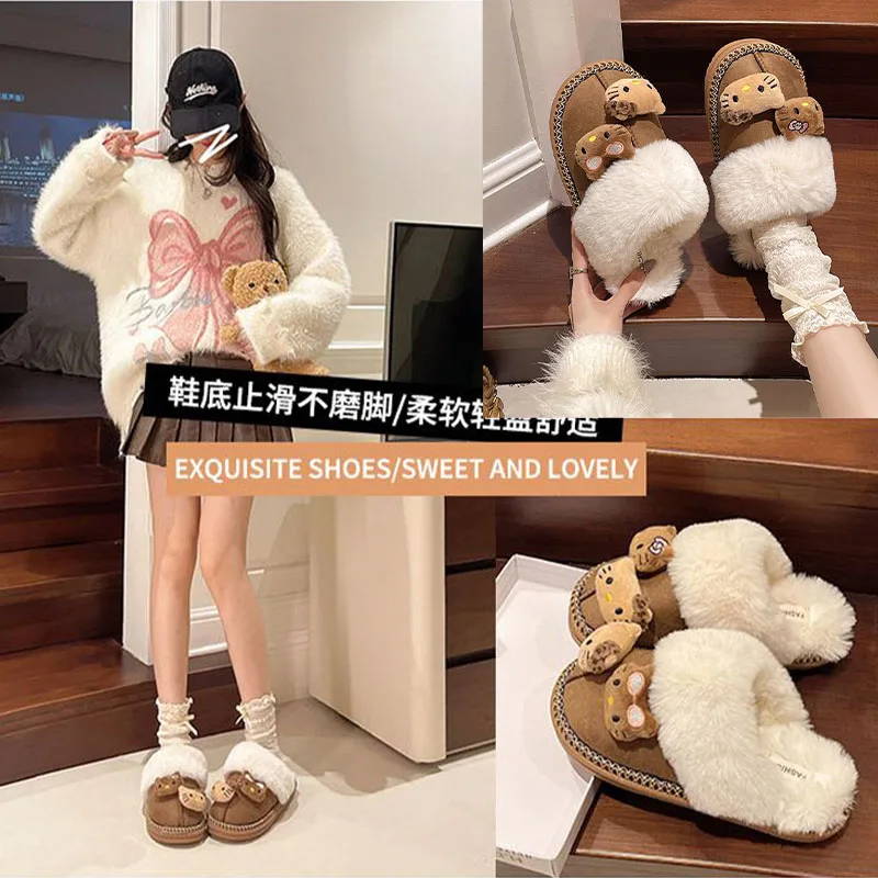 Hello Kittys Plush Slippers Sanrioed Anime Women Cotton Slipper Cute Cartoon Warm Home Shoes Kawaii Outdoors Thick Soled Shoes