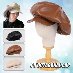 Autumn Female PU Leather Octagonal Hats Personality Casual Vintage Newsboy Hats Oversized Men Artist Cabbie Cap Beret