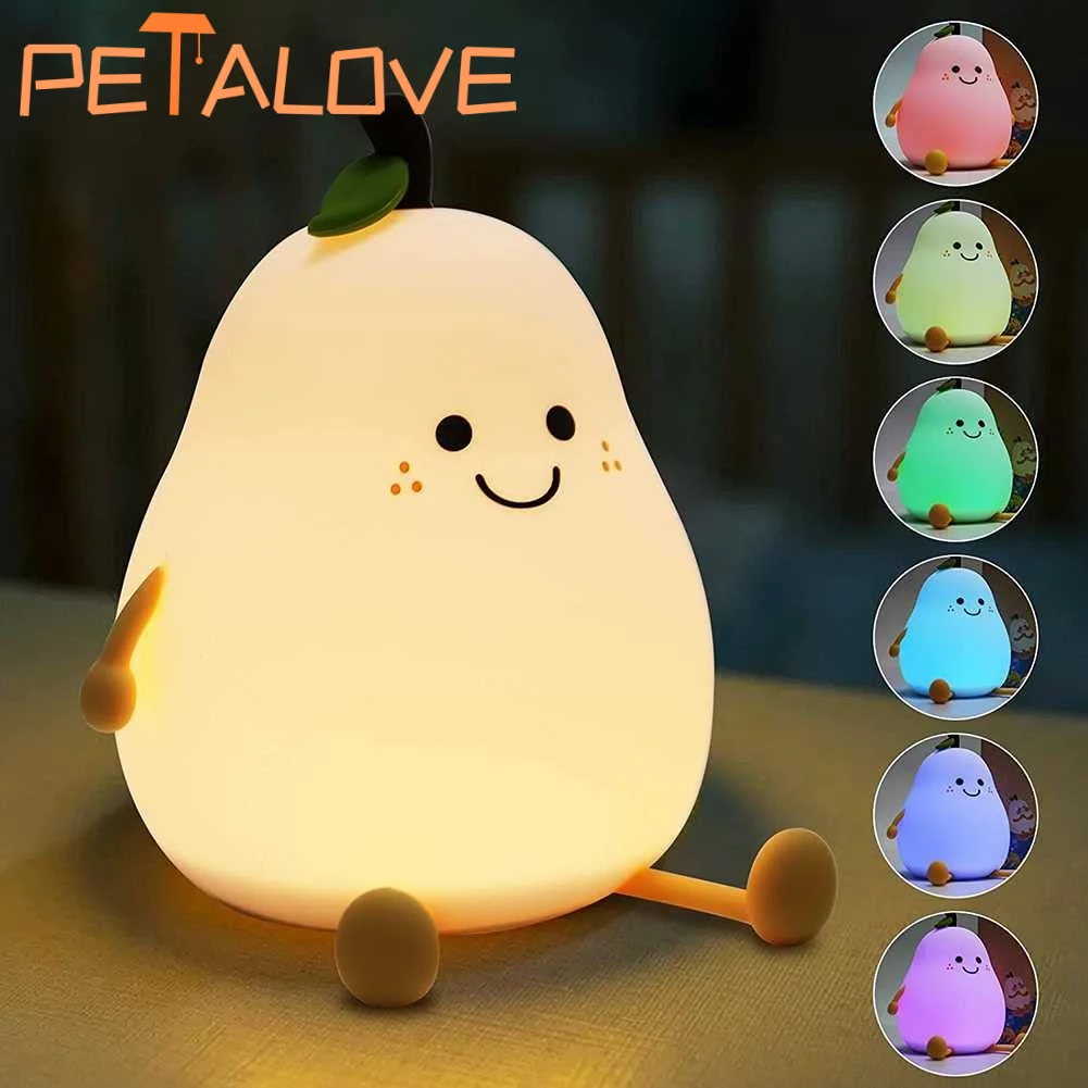 Night Lights for Kids Pear Shaped Cute Silicone Nightlight 4/7 Colors Night Lamp USB Charging for Bedroom Bedside Room