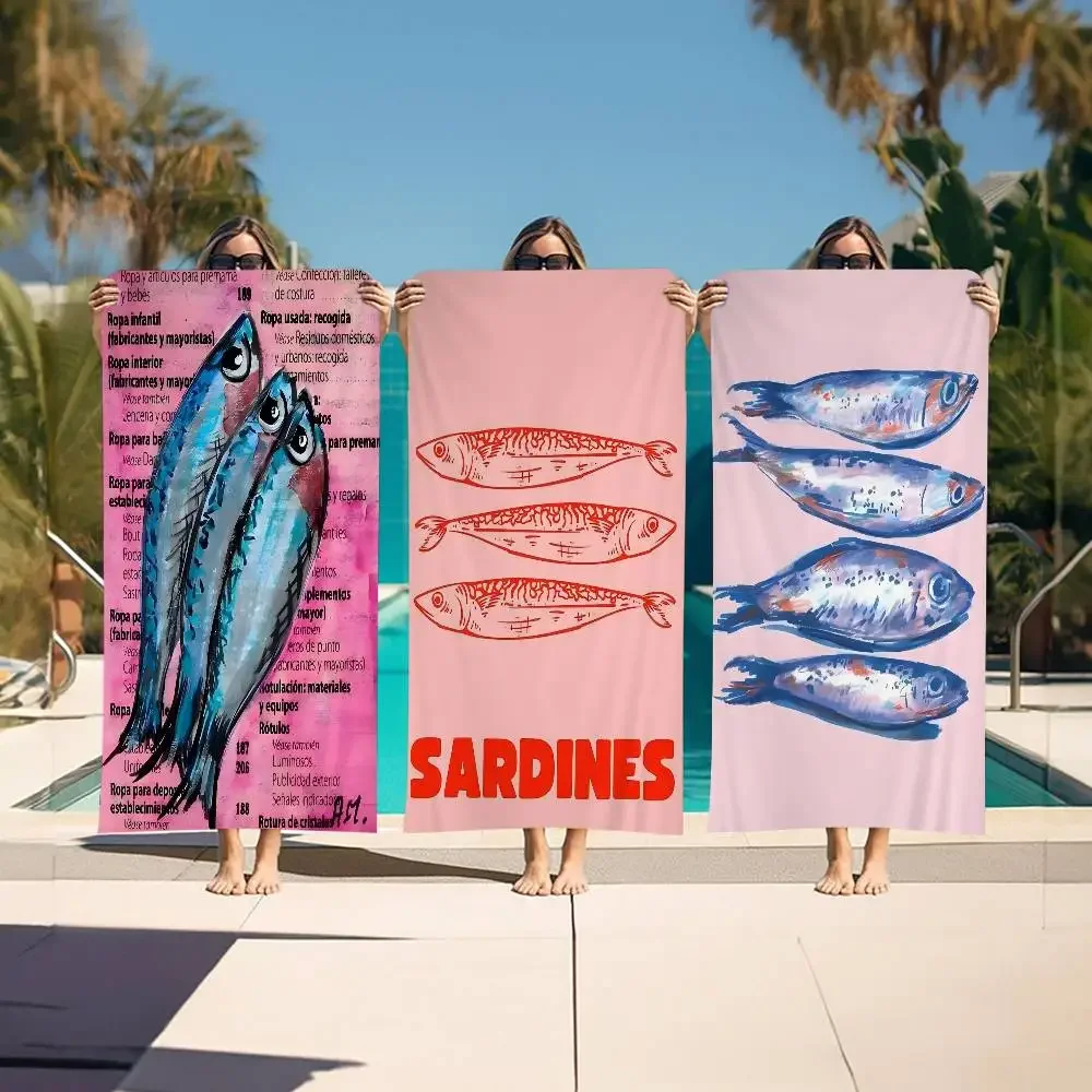 Colorful Sardine Lobster Fish Ocean Microfiber Printed Beach Towel Mountain Yoga Beach Swimming Running Absorbent Soft Towel