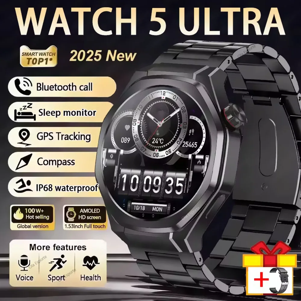 

Часы 5 Ultra Смарт-часы Мужчины Женщины Компас NFC Монитор сердечного ритма SmartWatches 2025 Новый AMOLED-экран BT Вызовы для Android IOS