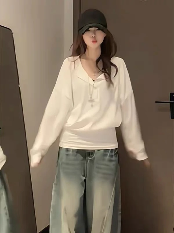 Loose V-Neck Batwing Sleeve Long Sleeve T-Shirt Women's Spring Season Slimming Effect High-End Feeling Large Size Lazy Style