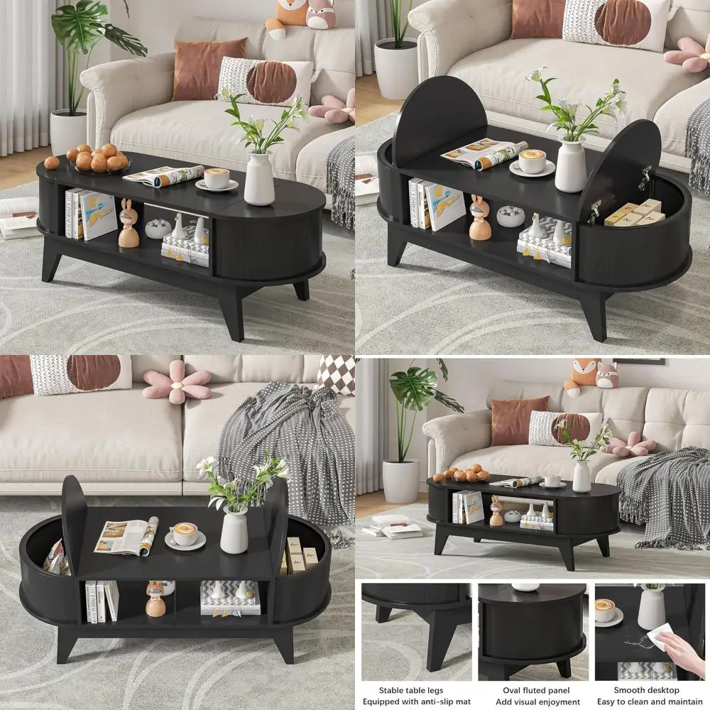 

Oval Coffee Table with 2 Hidden Drawers, Flip-Top Lid, Ideal for Living Room or Home Office (Black)