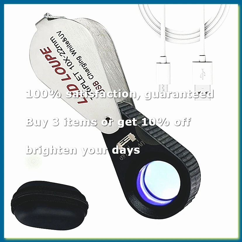 ●10x Jewelers Loupe with UV & LED Lights, Rechargeable 10x Loupe Magnifier 22mm Optical Glass Triplet Lens Jewelry Loupe-A57M