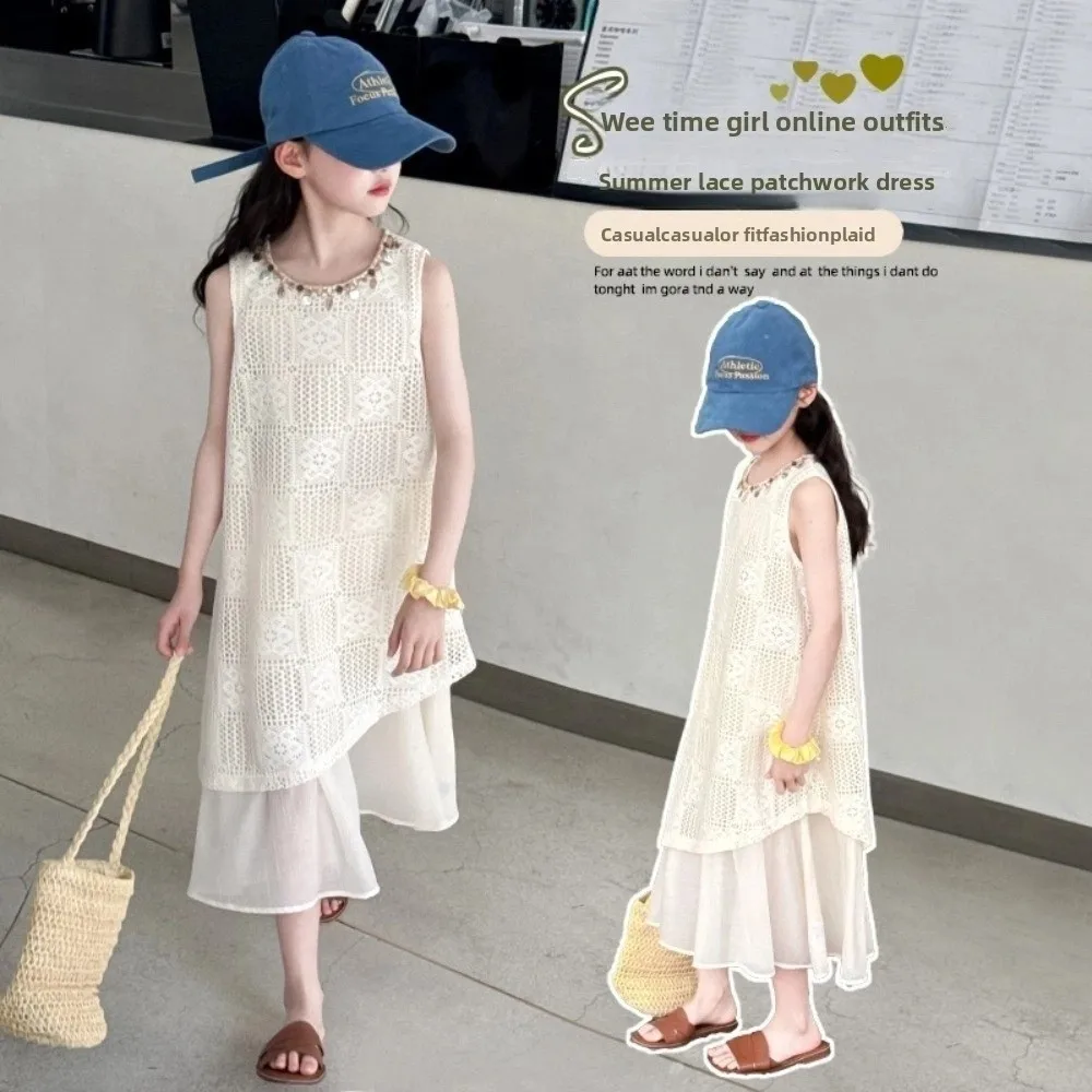 

Round Neck Kids Bohemian Shell Dress Sleeveless Hollow Children Beach Long Skirt Lace Princess Girls Patchwork Dress Seaside