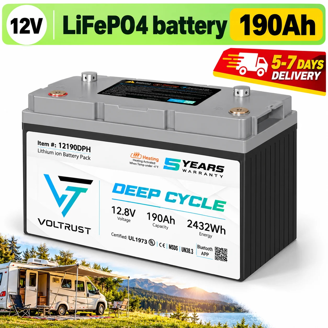 12.8V 2432WH lithium iron phosphate battery 190Ah lithium-ion rechargeable battery built-in BMS for golf carts, RVs, and solar LiFePO4 batteries