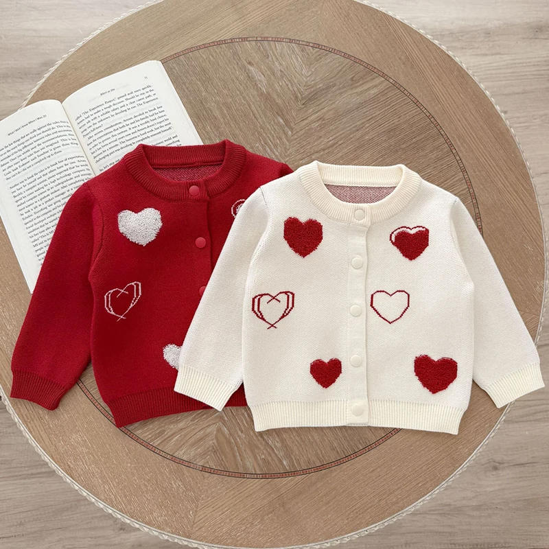 عيد الميلاد الوليد طفلة محبوك الخريف سترة طويلة الأكمام الشتاء سترة الصلبة فضفاض القلب بلايز عادية 3M-6Y الاطفال الملبس #6
