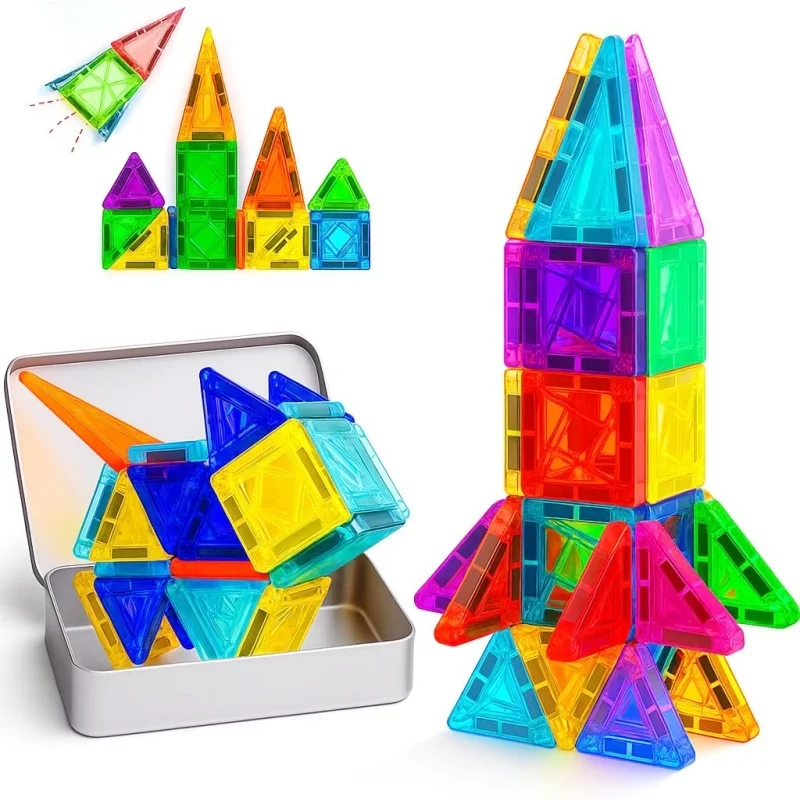56 قطعة من البلاط المغناطيسي الصغير مجموعة ألعاب مغناطيسية محمولة للسفر مع علبة حديد للأطفال من سن 4 إلى 8 سنوات هدية لغز الدماغ المعزز للإبداع