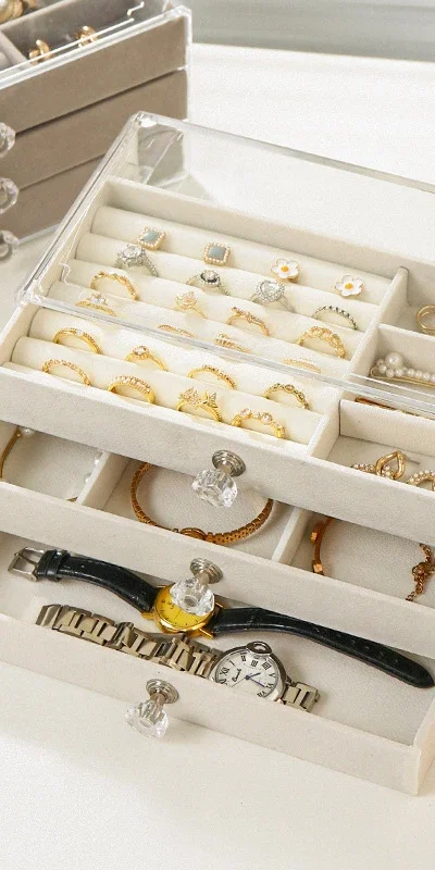 علبة عرض بلاستيكية صندوق تخزين المجوهرات مع 3 طبقات؛ تتضمن صينية مخملية للأقراط والقلائد والخواتم #1