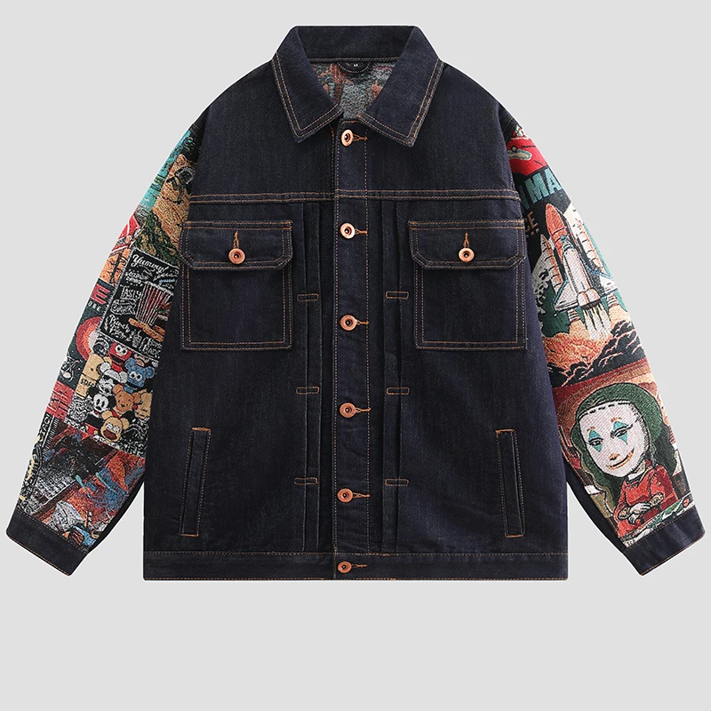 

Loose American Sle Patchwork Denim Jaet Men's Casual Workwear Top High Street Trend Loose Fit Youthful Spring Autumn