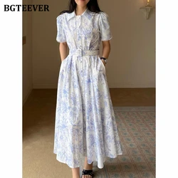 BGTEEVER Elegant Lapel Floral Printed Dress for Women Vintage Short Sleeve Belted SlimWaist  A-line Dress Female Summer Vestidos