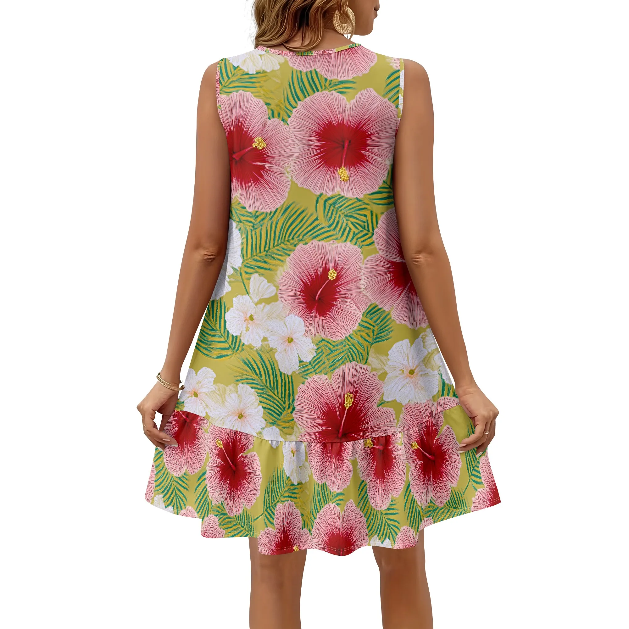 Floral Print Sleeveless Dress, Hibiscus Pattern A-Line Shift, Tropical Beach Vacation Sundress, S-2XL