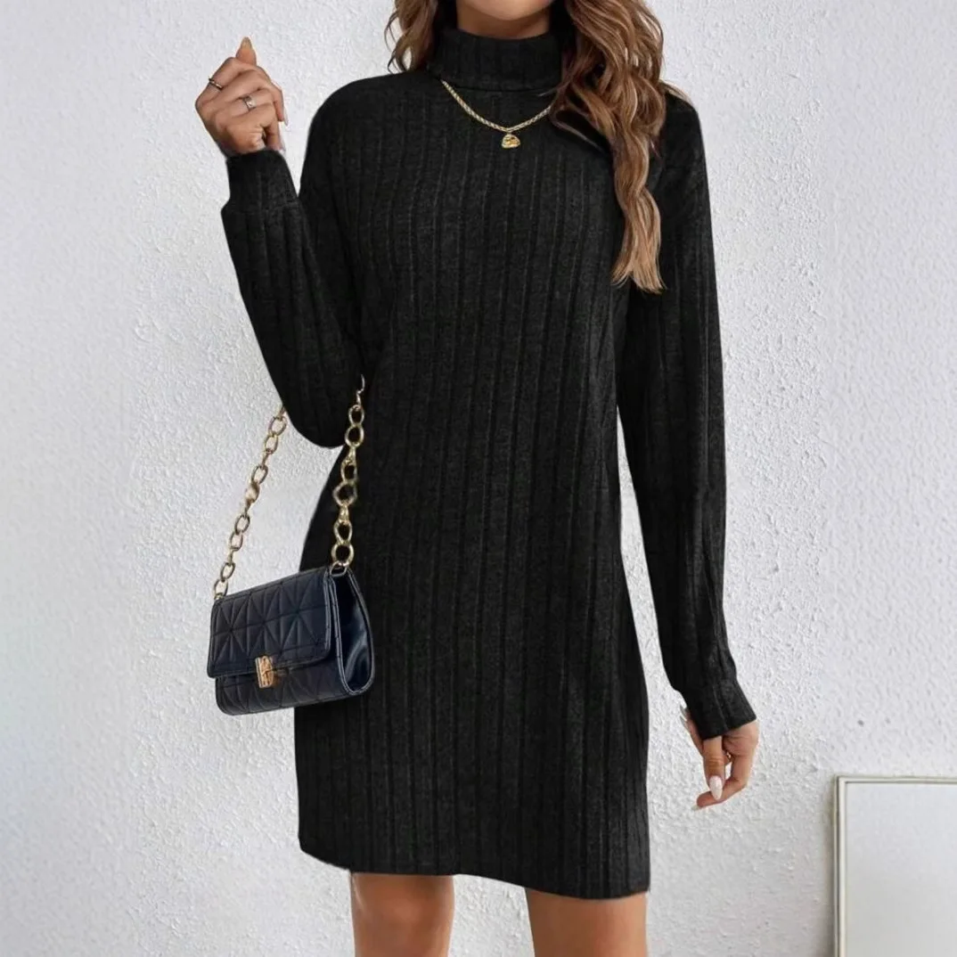 2025 otoño cuello alto largo Sve Brued rayas Midi Dr mujer Faionable tejido cintura alta A-Line Dr