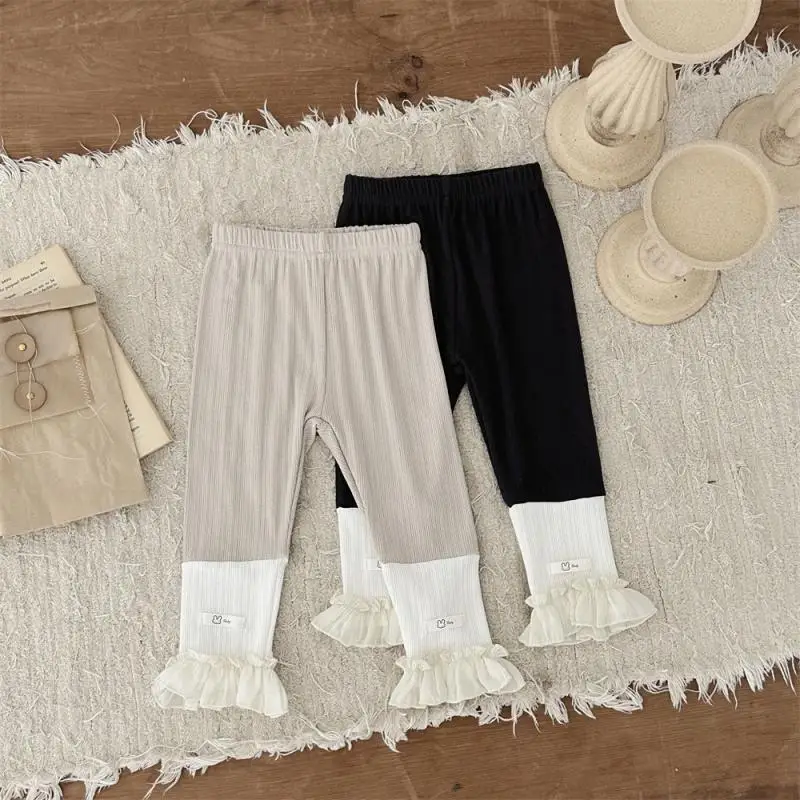 MiniAinis Autumn New Baby Lace Trouser Girl Princess Going Out Pants Girls Dark Gray And Khakiwith White Pit Striped Leggings