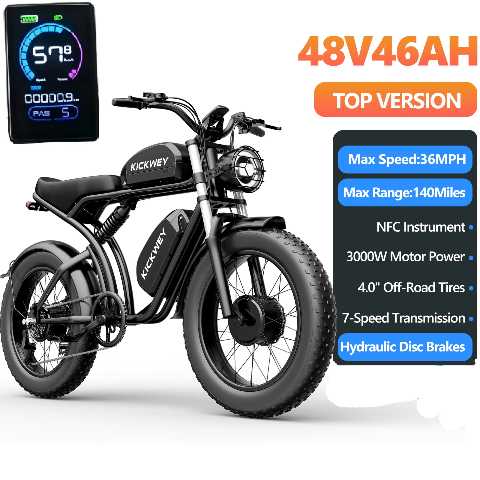 Kickwey NEW K7 Max Dual Motor Dual Battery Ebike 3000W 48V 46Ah 20 Inch Fat Tire Off Road 1-Year Warranty Local Fast Shipping image 5