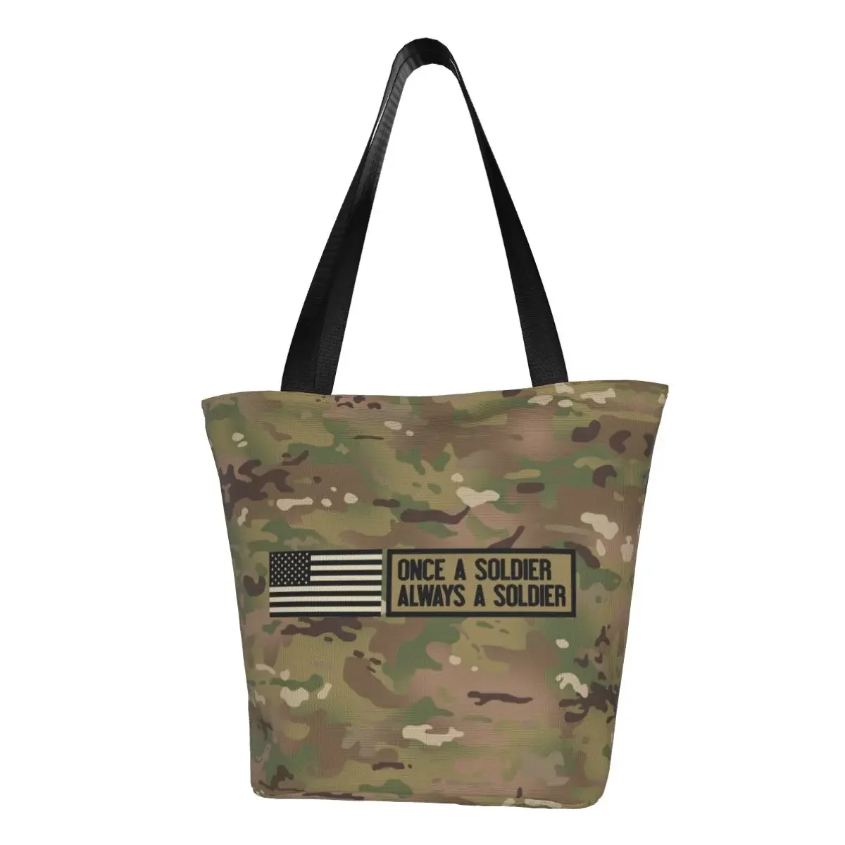 Once A Soldier Always A Soldier Shopping Bag Shoulder Canvas Tote Bag Portable Camo Camouflage Army Groceries Shopper Bags