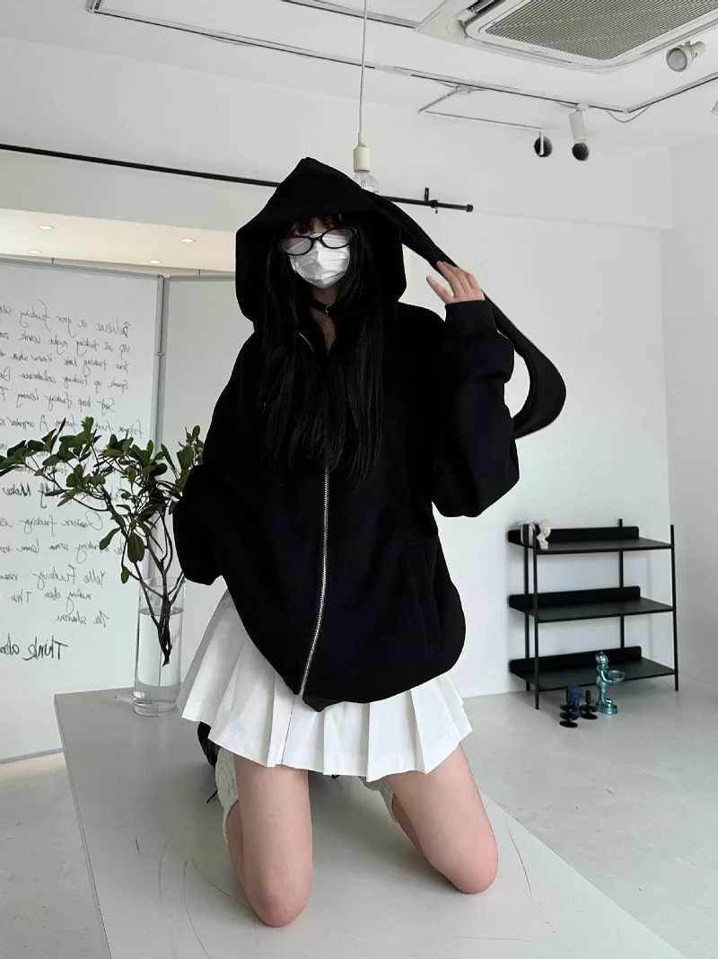 Rabbit Ear Hooded Sweatshirt Women High Street Korean Y2K Clothes Zip Up Hoodies Vintage Long Sleeve Oversized Jackets Coats