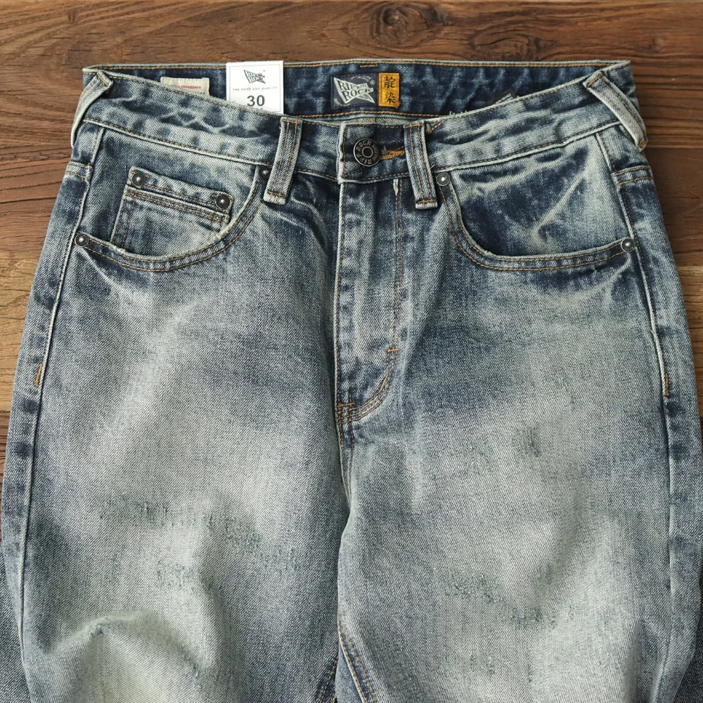Jeans da uomo in cotone 100%, lavaggio pesante retrò americano e pantaloni dritti slim casual dai vecchi colori chiari
