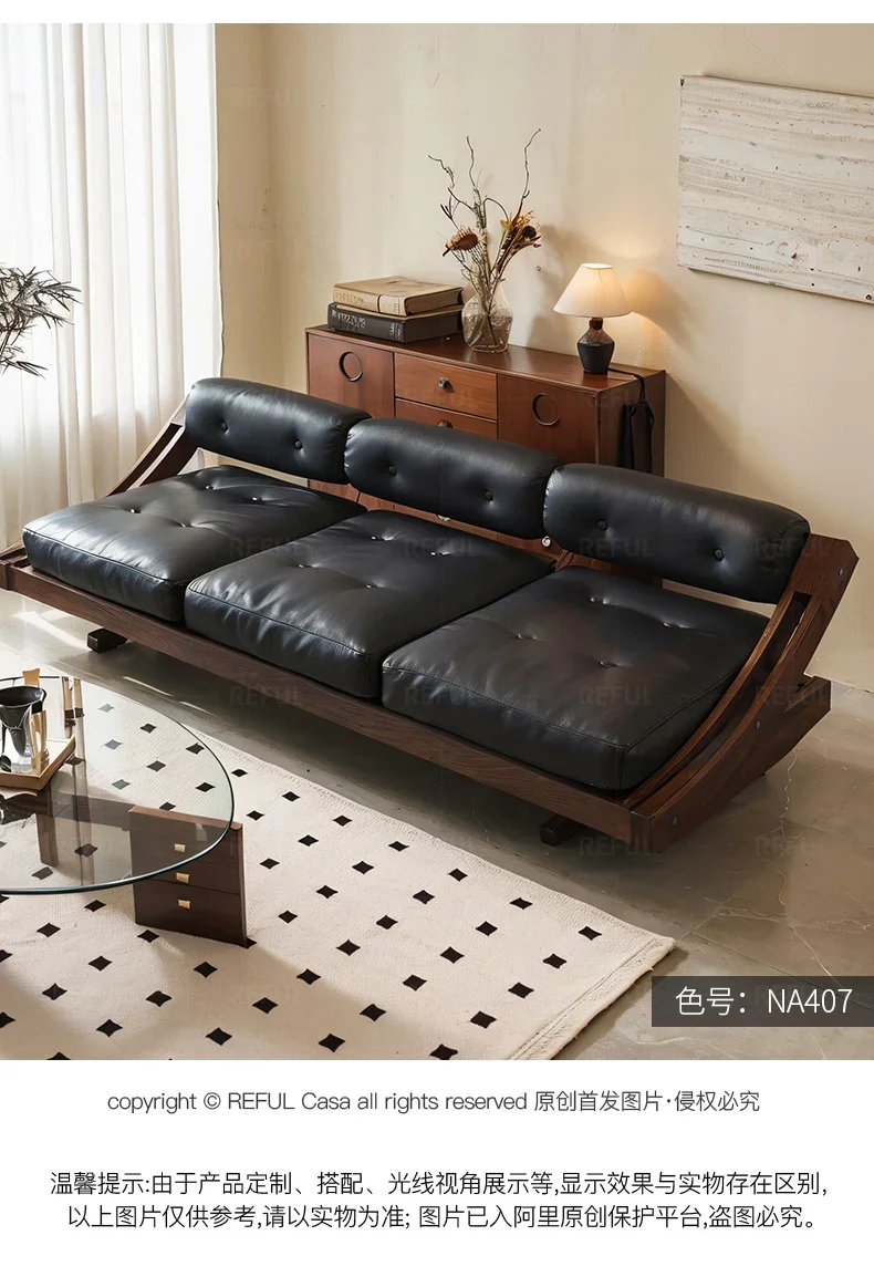 

New Italian retro leather sofa straight row three people solid wood ash wood designer