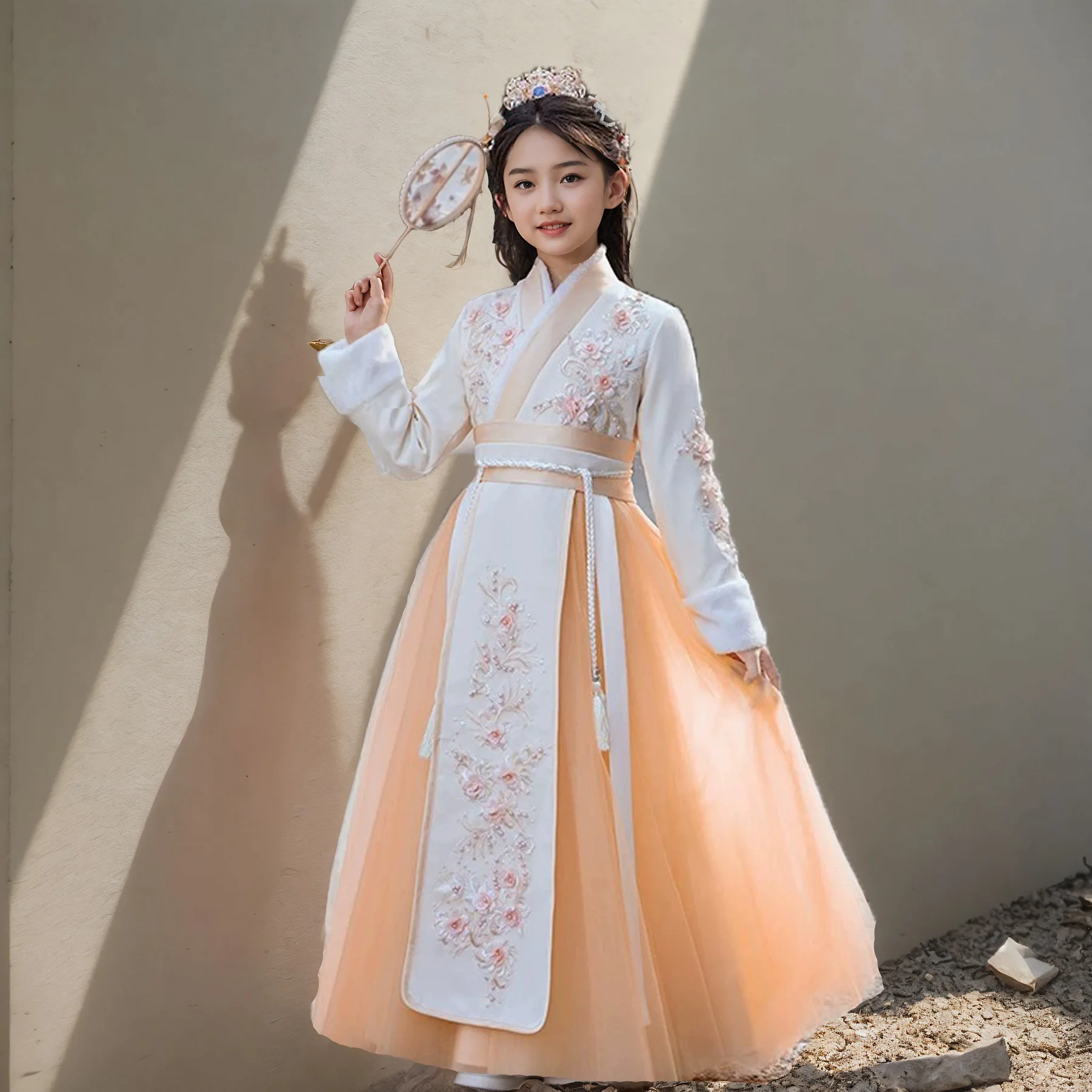 

2026 Chinese New Year Clothing New Girls Winter Warm Hanfu With Cloak Kids Ancient Fairy Costume Quilted Dress Kids Tang Suit