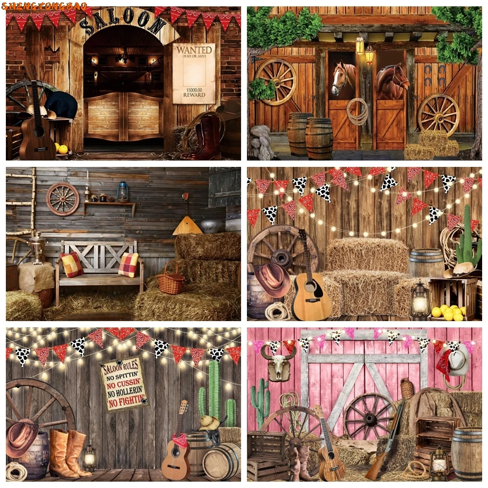 

Western Cowboy Backdrop Wild West Farm Barn Wooden Door Horse Haystack photo for Baby Birthday Party Photography Background Prop