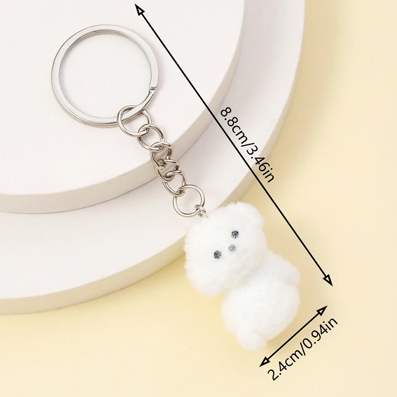 3D Cartoon Flocking White Dog Keychain Cute Flocked Puppy Animal Keyring Bag Pendant Backpack Charm Car Decor Accessories Gift