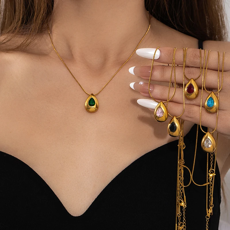 ANENJERY 316L Edelstahl Wassertropfen Zirkon Anhänger Halskette für Damen, schlichter, eleganter Schmuck, Geschenke, Großhandel