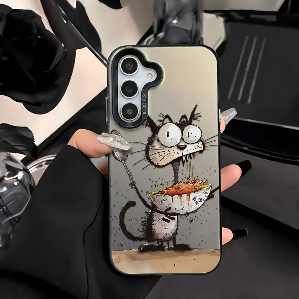 Funny Cat Silver IMD Phone Case For Samsung A56 5G A55 A17 A07 A36 A54 A33 A16 A06 A34 S26 Ultra S25 S24 S23 Electroplate Cover