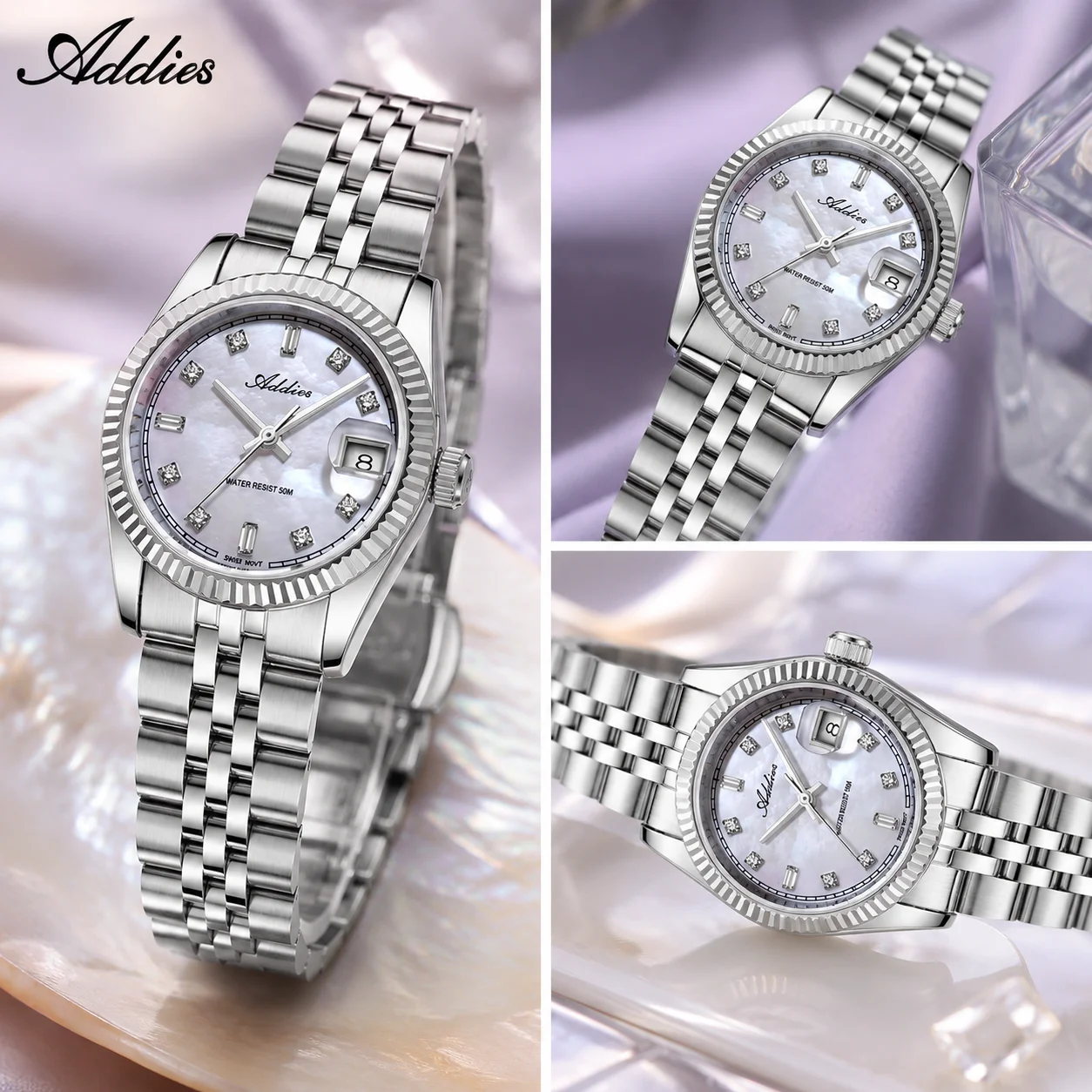 ADDIES Quartz Watches for Women Minimalist Luxury Waterproof Lady Wristwatch Sapphire Glass Czech Rhinestones Steel Wristwatches
