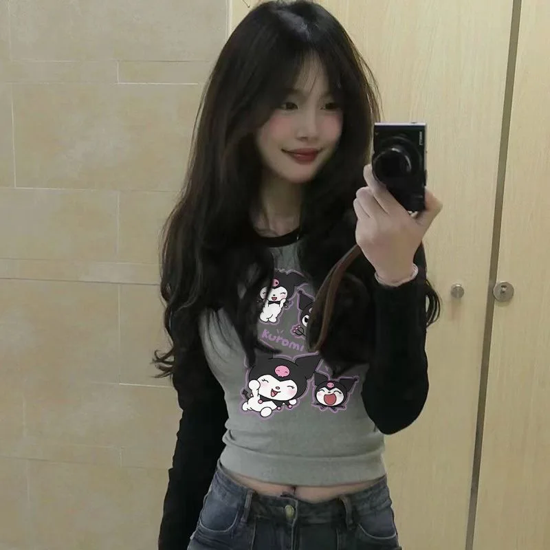Sanrio Kuromi Printed Slim Fit Shoulder Long Sleeved T-shirt Women New Patchwork Color Contrast Kawaii Clothes Crop Top Women