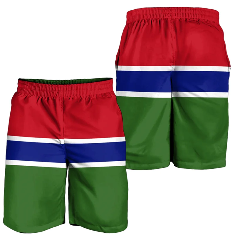 Calções de praia para homens estampados em 3D, Brasão Masculino Calças Curtas, Bermudas, Hawaiian, National Emblem, Mapa, Bandeira, África, Gambia