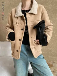 [LANMREM] Office Lady Faux Leather Coats For Women Lapel Single Breasted Thick Warm Female Outwear 2024 Winter New 26C1157