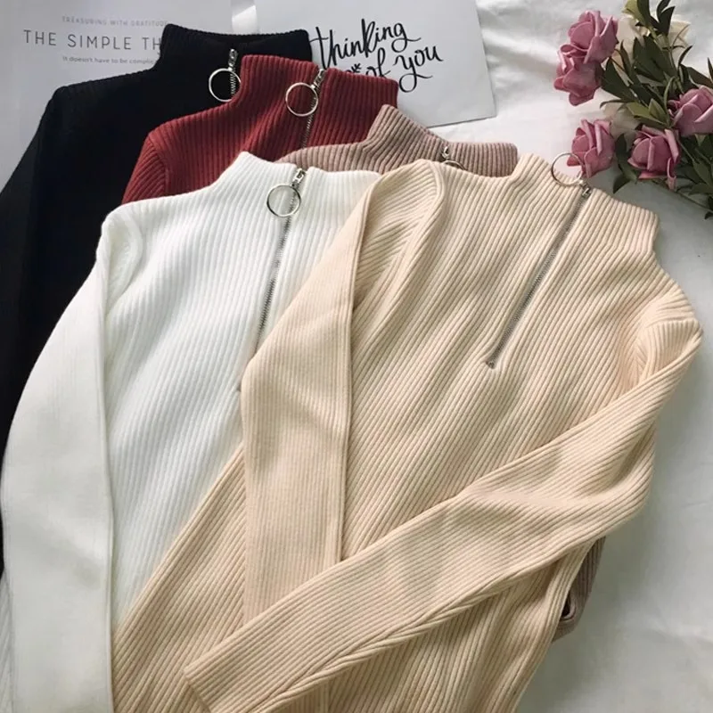 

Slim Basic Knitted Jumpers Autumn Winter Turtleneck Women Sweater Long Sleeve Zipper Neckline Knitted Pullover Female Sweater