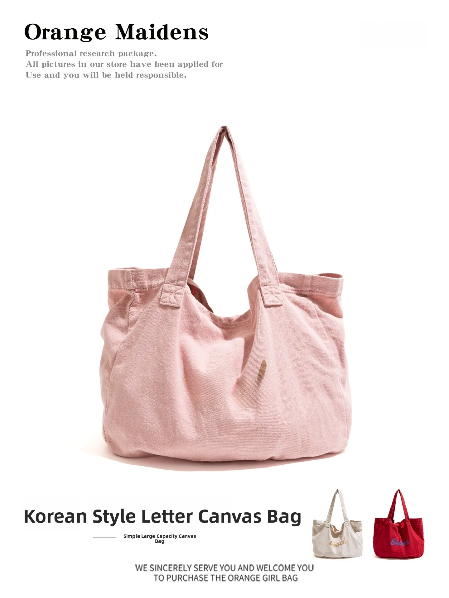 

Pink Canvas Tote Bag School Style Handbag Shopping Bag Single Shoulder Bag Youth Trend Soft Handle Large Size Flat Bottom