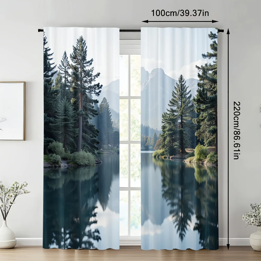 2pcs Forest & Lake Landscape Printed Blackout Curtains - Contemporary Polyester Knit, Easy Machine Wash, No Rod Needed, Quick
