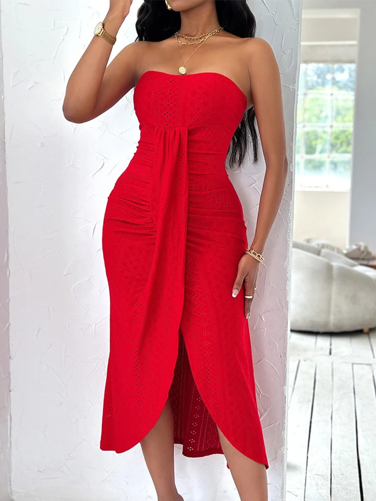 Eyelet Embroidery Bandeau Ruched Slit Casual Dress