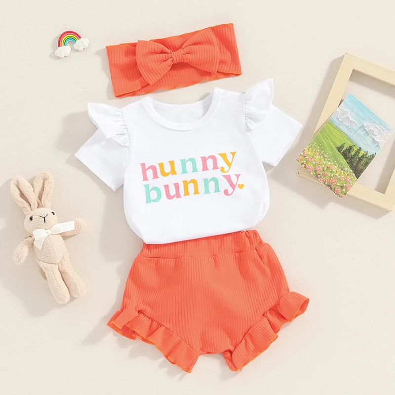 Toddler Girls 3-Piece Easter Bunny Outfit Short Sleeve Romper 3D Tail Shorts Headband Set Infant Clothing for Spring