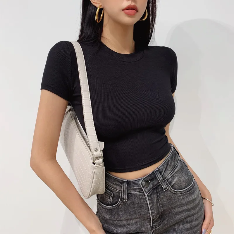 Crew Neck Crop Top for Women, Fitted T-shirt, Short Sleeve, Ribbed Crop Top 8 Colours