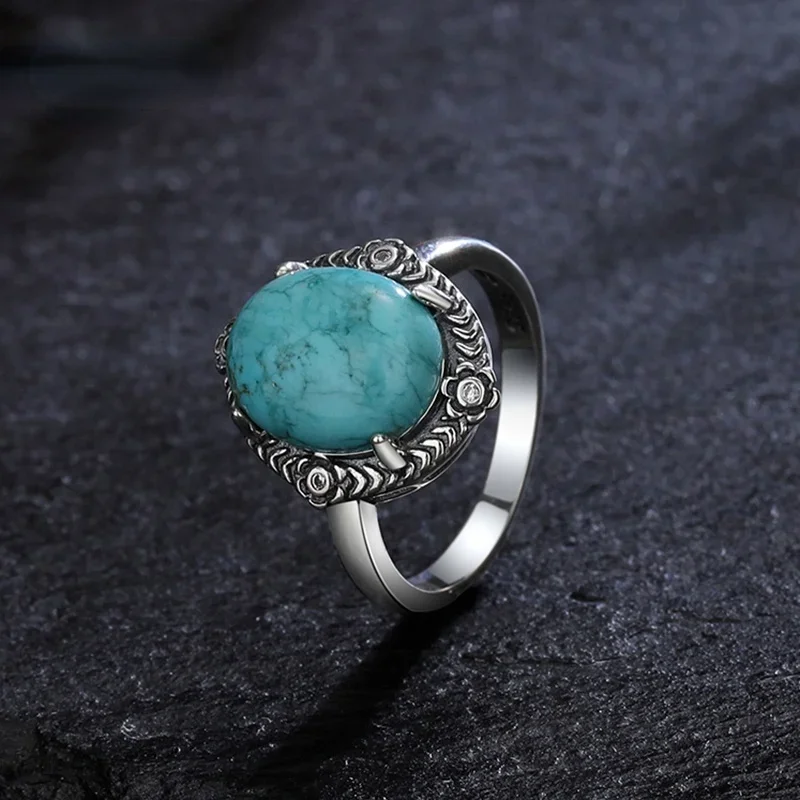 Silver Rings Natural Turquoise Ring 10*12MM Moonstone Labradorite Vintage Ring Wholesale Fine Jewelry Gifts for Women