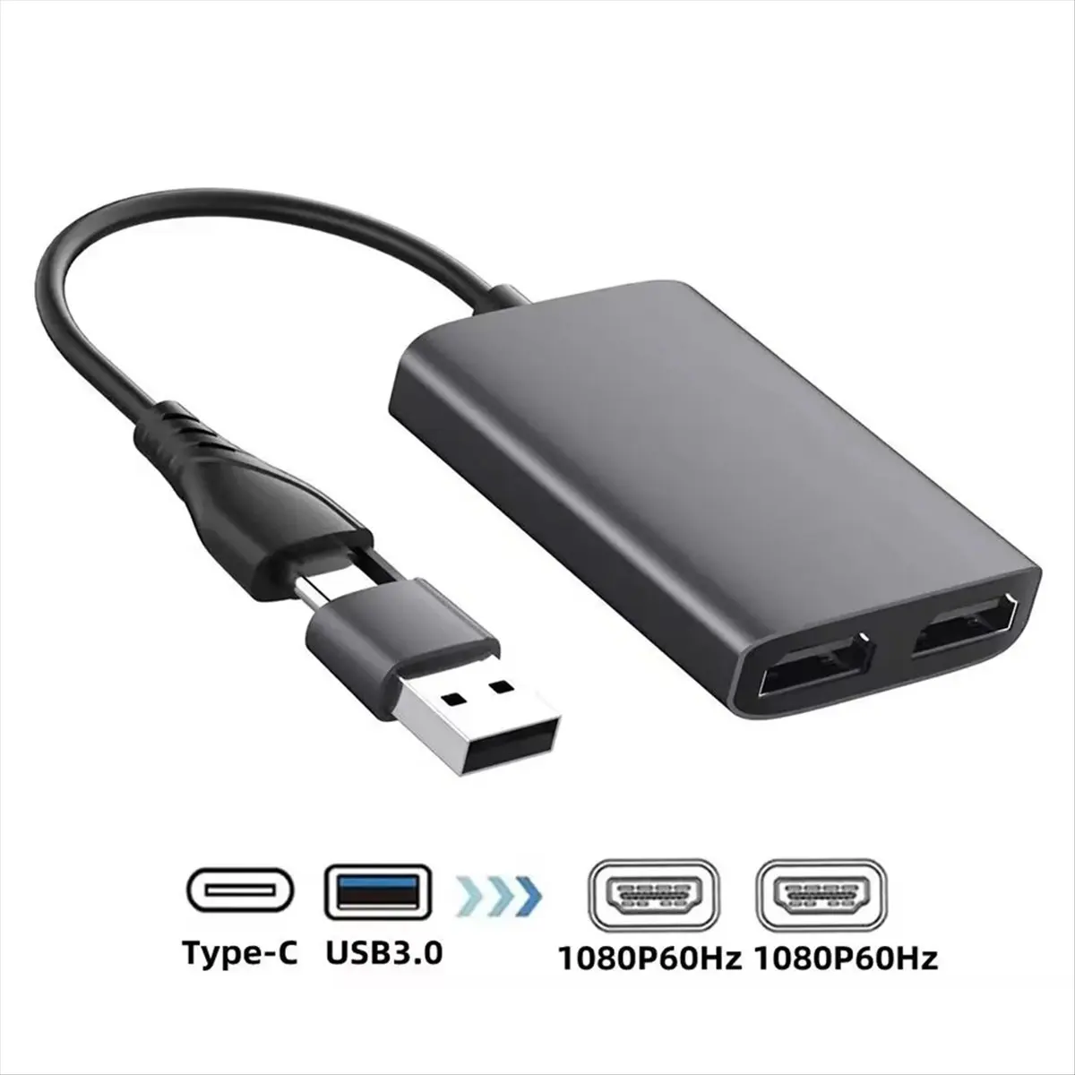 USB 3.0/Type-C to Dual 1080P 60Hz HD Display Adapter 2 Different Screen Extender Hub for M1 M2 MACOS V10.15 10