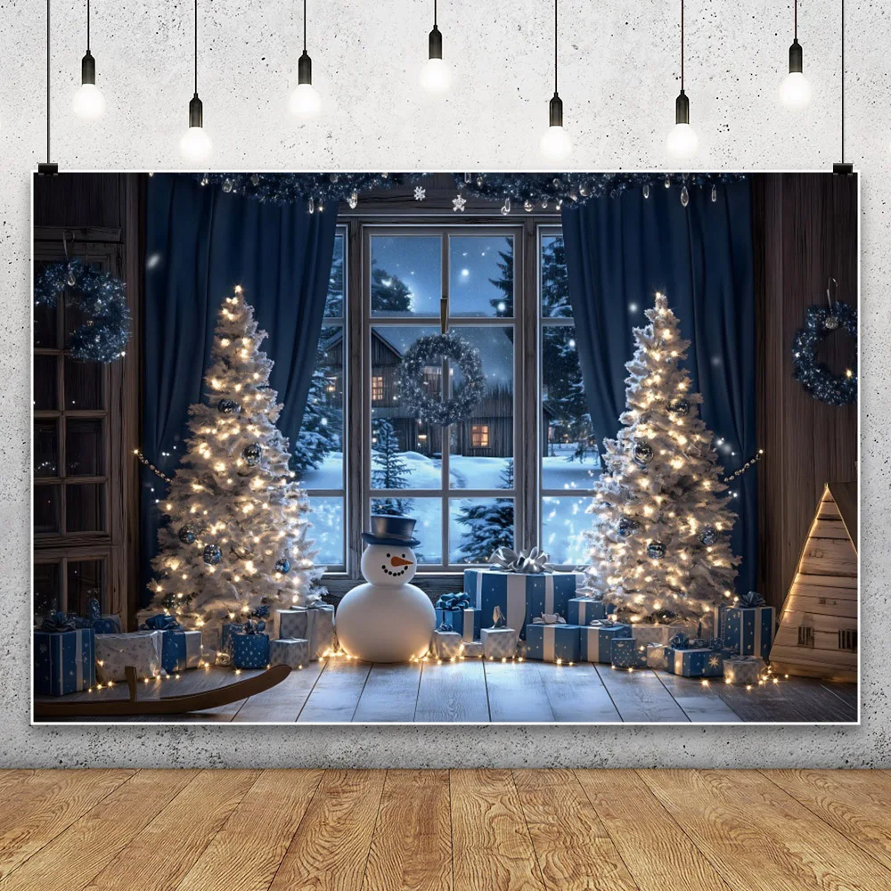 Christmas Window Backdrop Photography Blue Curtain Snowmen Baby Family Party Portrait Photographic Background For Photo Studio