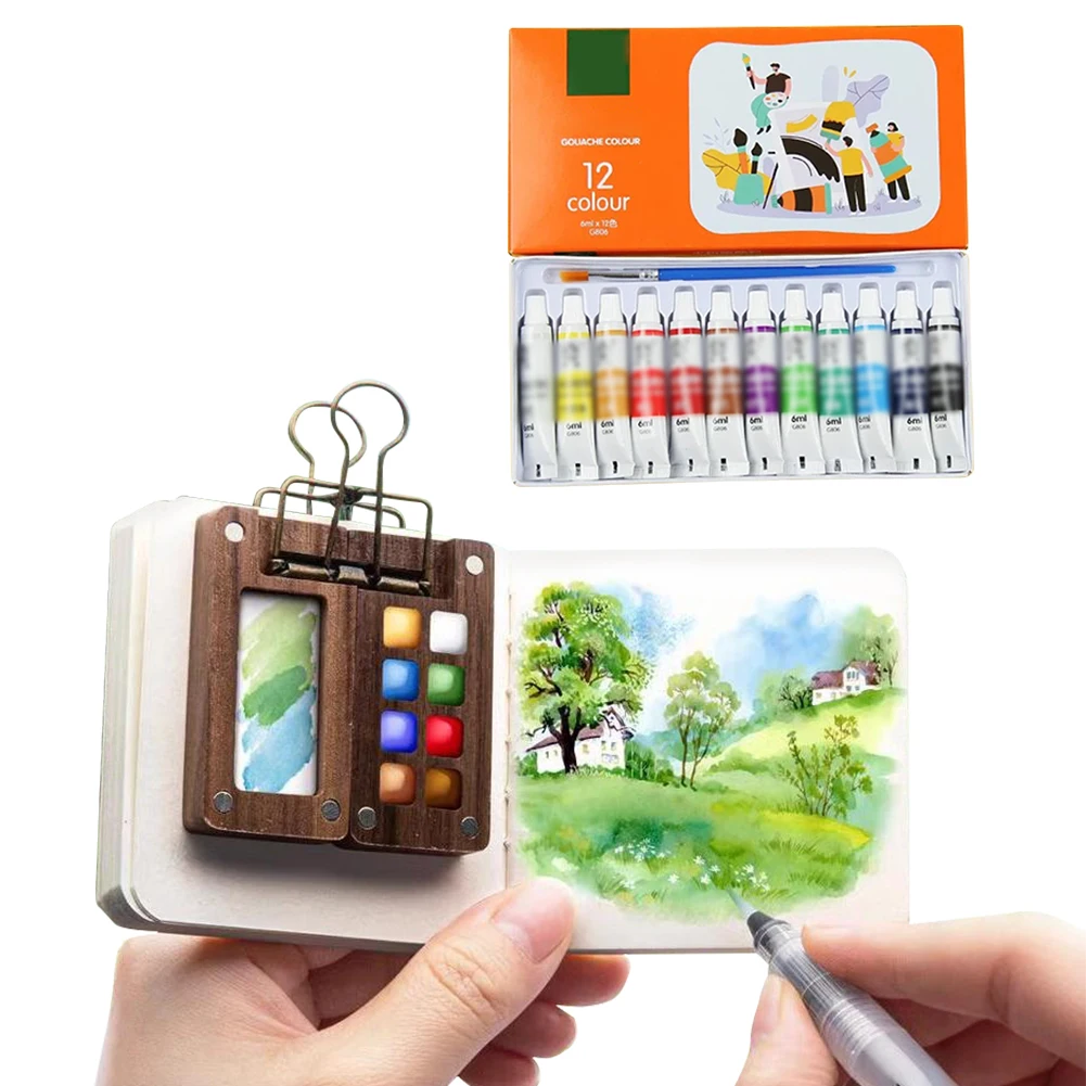 

Travel Paint Palette Pocket Artist Watercolor Set Mini Watercolor Palette Set Wooden Grid Paint Box for Artists and Students