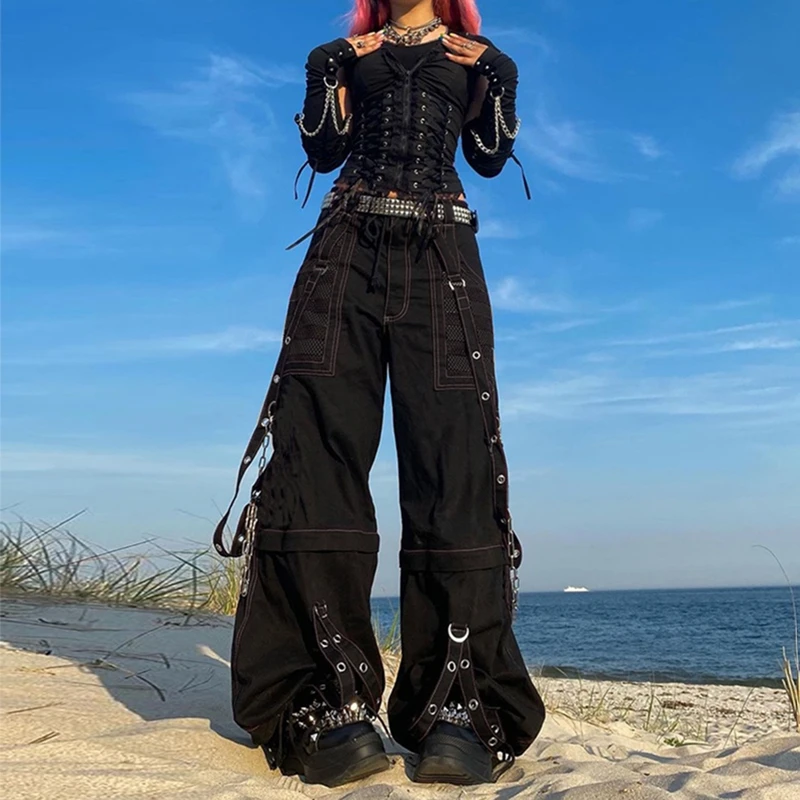 Maemukilabe Cyber Grunge Cargo Pants Harajuku Baggy Jeans Punk Style Y2k Wid Leg Denim Pants E-girl Gothic Loose Trousers Women