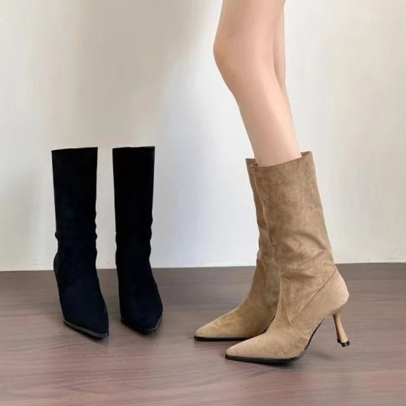 Slip-on Women's Boots 2025 New Autumn Fashion Retro Simple Pointed Toe Suede Stiletto Knight Boots Pumps Botas De Mujer