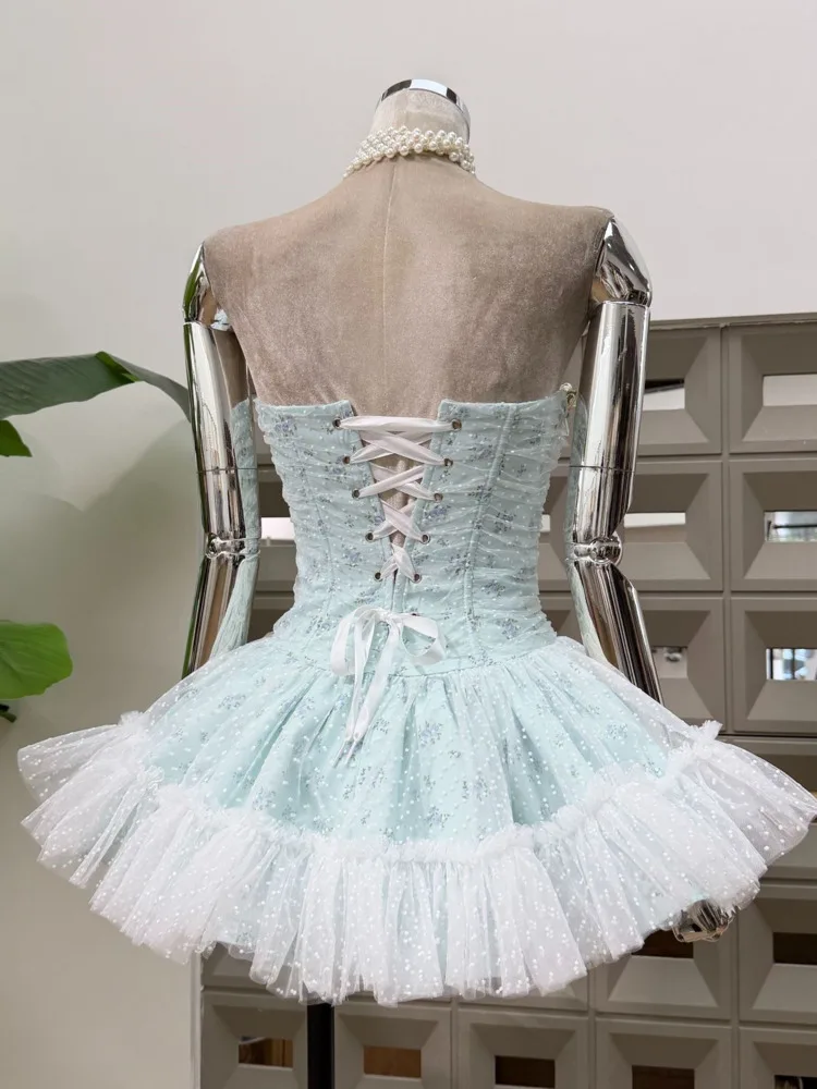 DFDG Damen-Kleid, elegantes Blumenkorsett, trägerloses Kleid, Tüllrock, Feenstil, ärmellos, A-Linie, Taille, Krawatte, 2025, Frühlings- und Sommerkleid