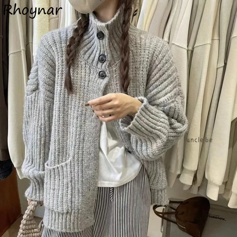 Minimalist Style Cardigan Women Autumn Sweet Girls Solid Simple All-match Knitted Tender Sweater Turtleneck Stylish Attractive