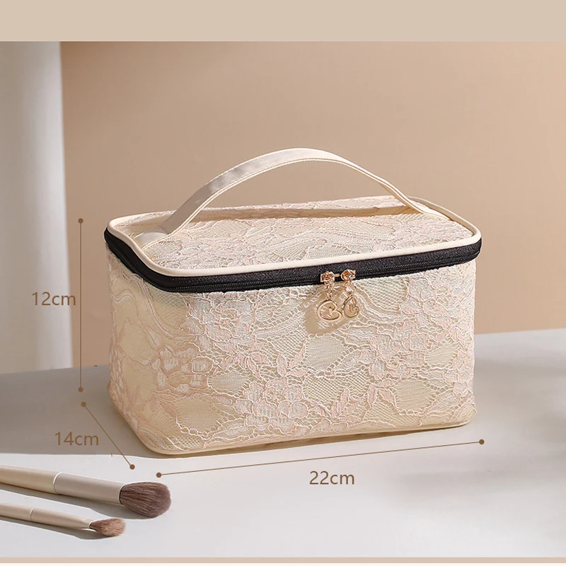 Lace Makeup Case Rose Women's Portable Cosmetics Storage Bag Flap Multiple Sizes Large Capacity Zipper Closure Bag
