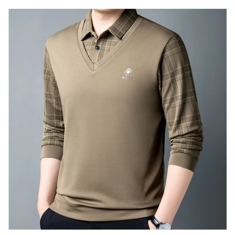 Autumn Men's New Cotton T-shirt Long Sleeve POLO Shirt Middle-aged Loose Lapel Dad Pretends to Be Fake Two Pieces