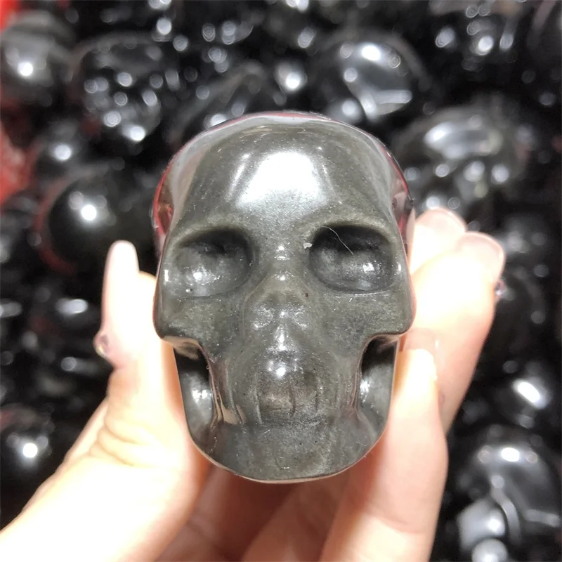 

Natural Silver Obsidian Hand Carved Skull Crystal Energy Gemstone Crafts For Home Office Decoration Mineral Gifts 1pcs