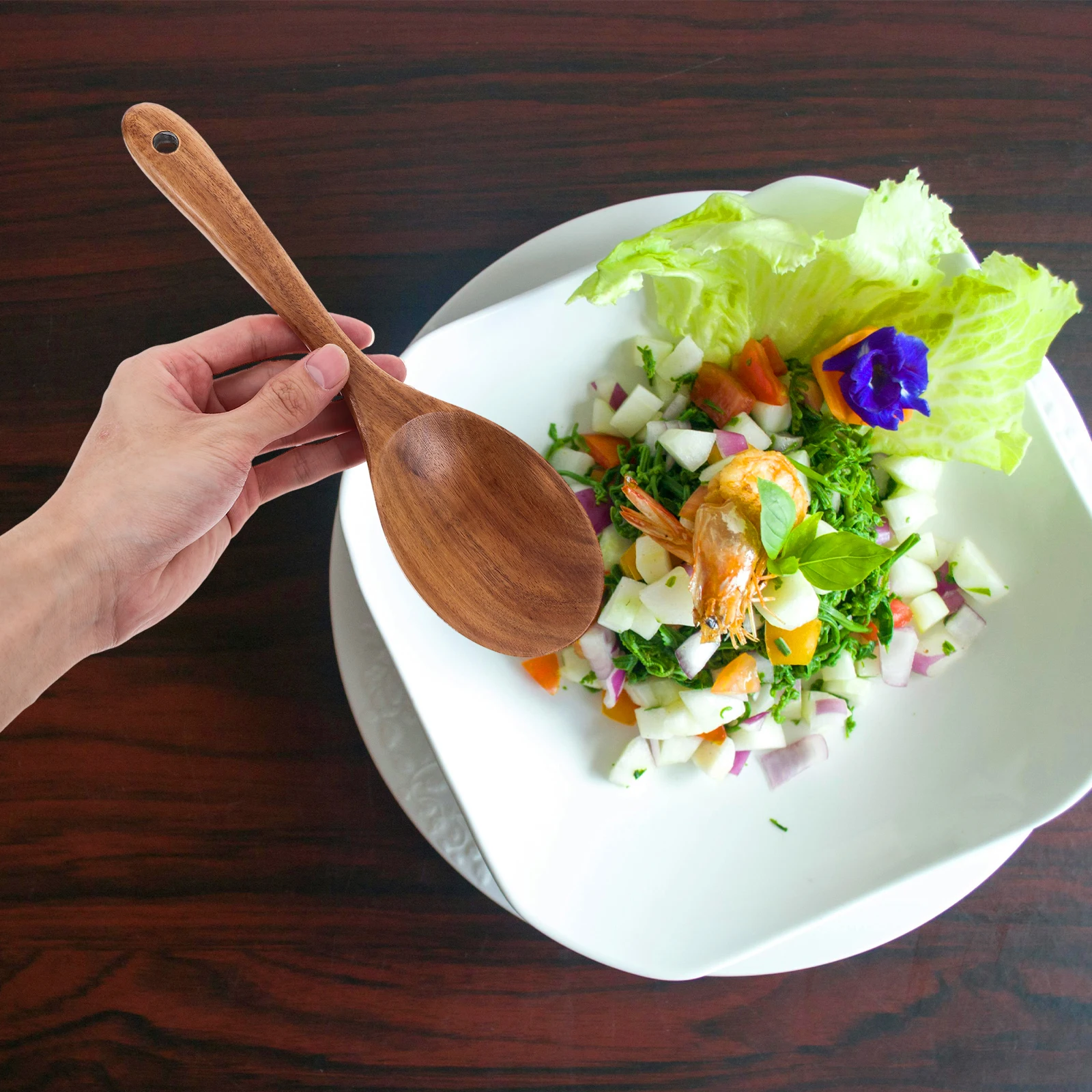 

1Set Wooden Salad Servers Long Handle Fork Spoon Excellent Acacia Wood Mixing Tossing Serving Kitchen Utensils